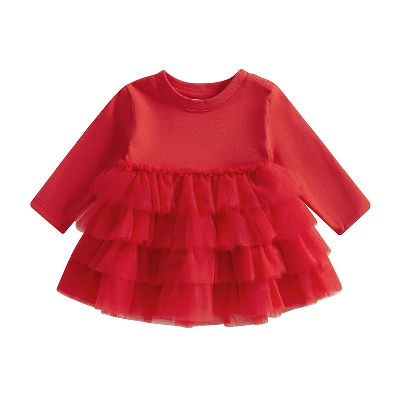 Toddler Baby Girl Fall Dress Solid Color Round Neck Long Sleeve A-line Tulle Princess Dresses
