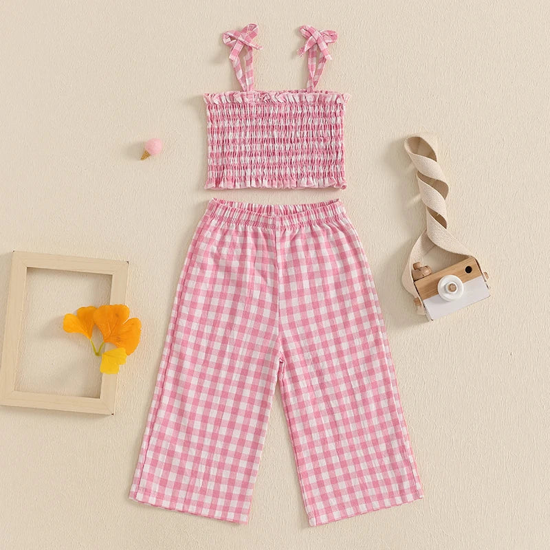 Toddler Baby Girl 2Pcs Summer Outfits Sleeveless Plaid Print Cami Tops + Pants Set Clothes