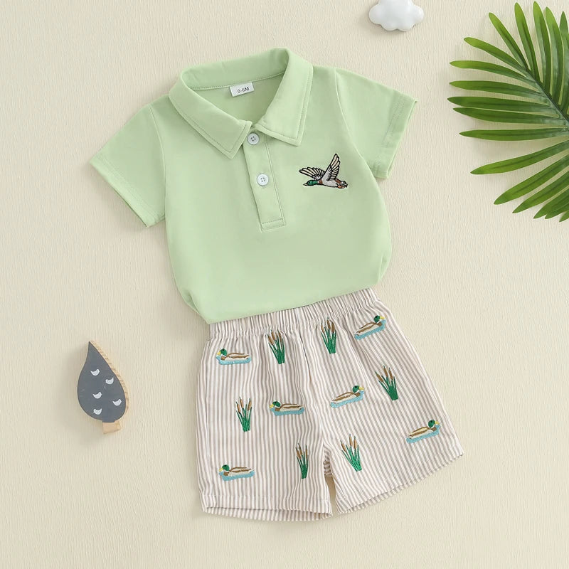 Baby Boys Shorts Set Short Sleeve Embroidery Duck T-shirt with Striped Shorts Summer Outfit