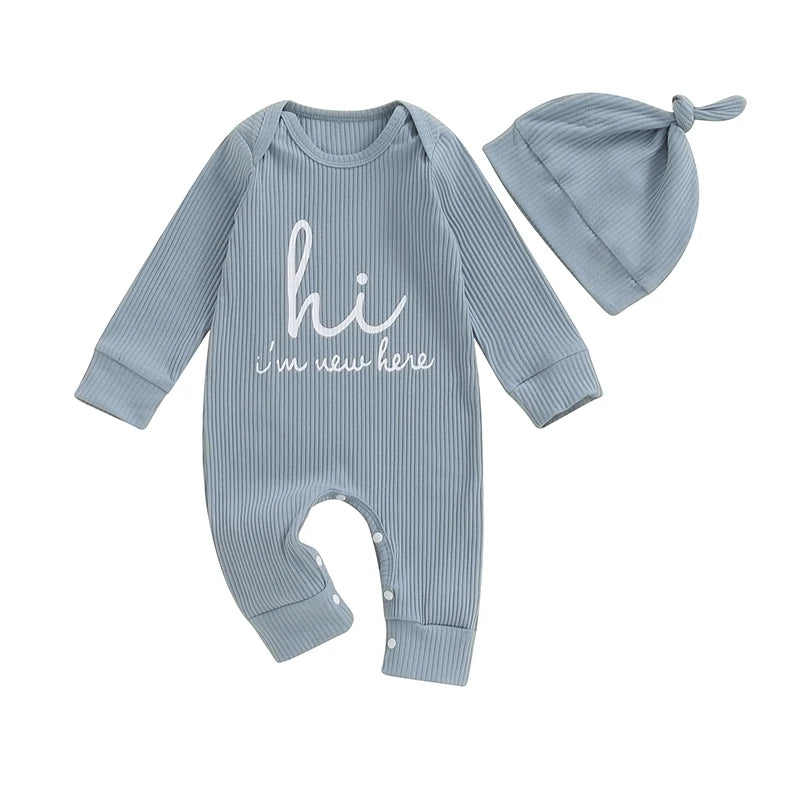 Baby Boys Romper Letter Print Long Sleeve Crew Neck Ribbed Jumpsuit With Hat