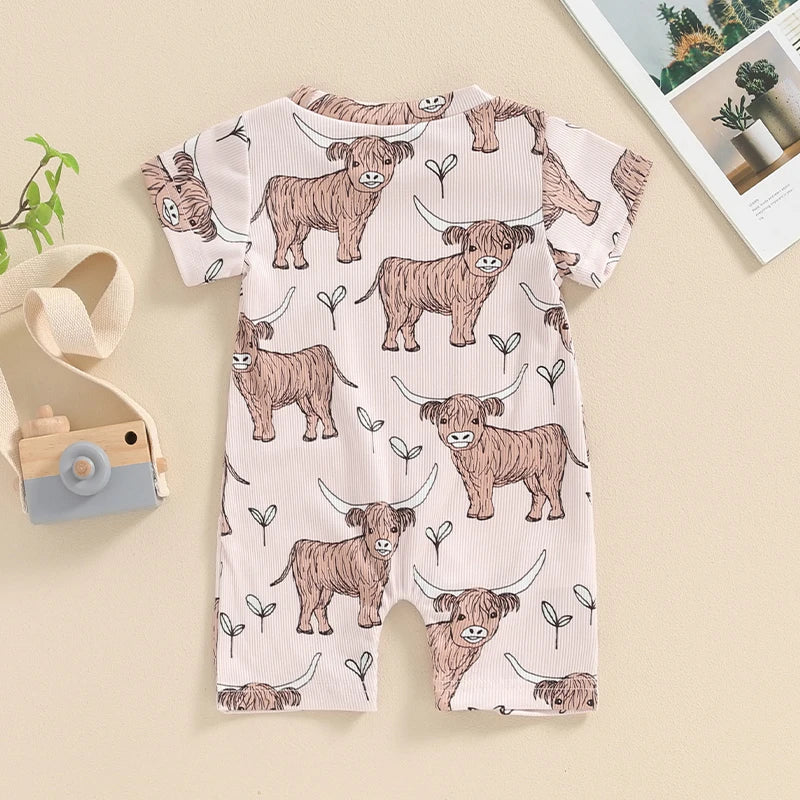 Baby Boys Western Short Sleeve Crew Neck Cow Head Print Casual Romper Jumpsuit