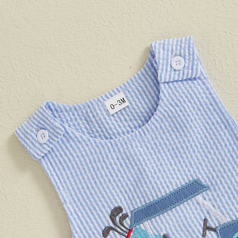 Baby Boys Jumpsuit, Sleeveless Crew Neck Striped Embroidery Golf Cart Summer Romper for Casual Daily