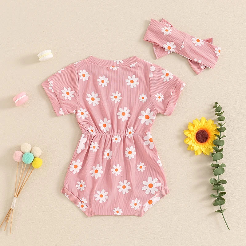 Summer Infant Baby Girls Rompers Short Sleeve O Neck Floral Jumpsuit with Headband