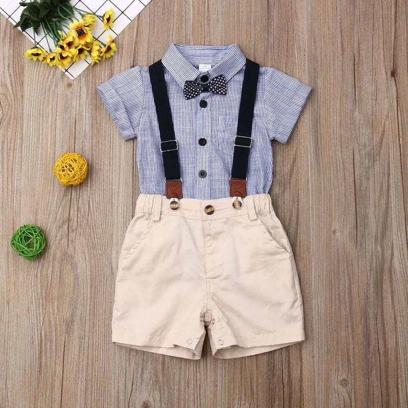 Newborn Boys Summer Clothes Stripe Short Sleeve Gentleman 2PCS Set Romper + Bib Pant Baby School Outfit Outfits