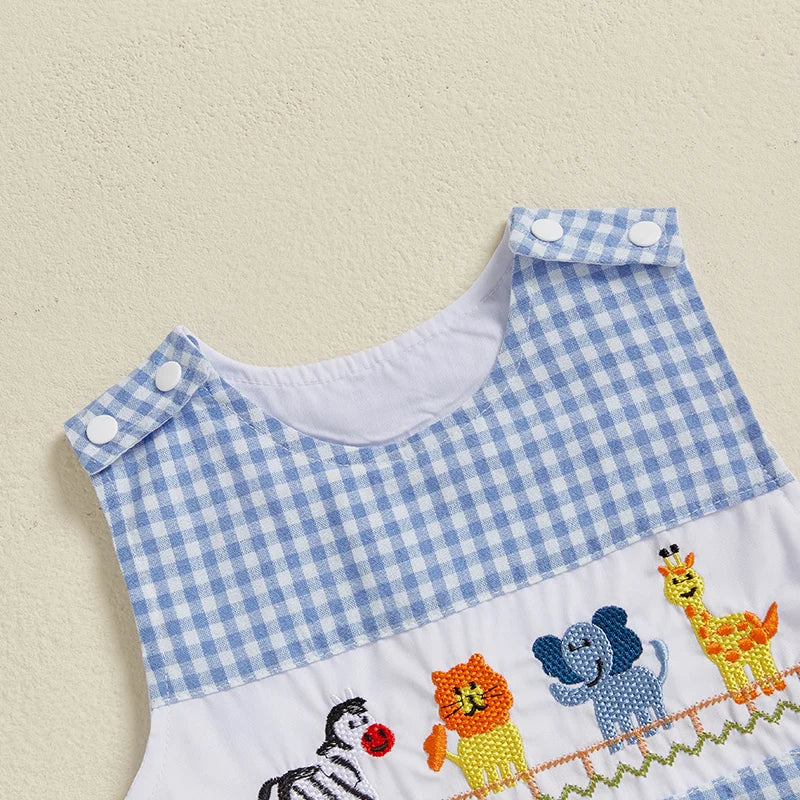 Baby Boys Romper Animal Embroidery Plaid Sleeveless Crew Neck Jumpsuit Summer Overalls
