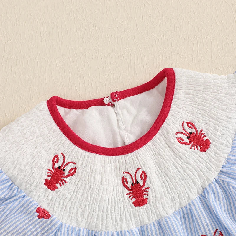 Girls Summer Casual Mini Dress Lobster Embroidery Striped Print Ruffles O-neck Party A-line Dress