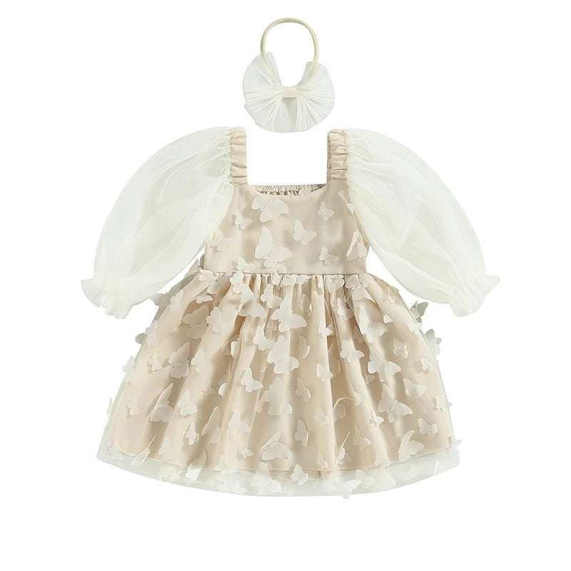 Toddler Girls Fall Outfits Butterfly Princess Dress Long Sleeves A-Line Dress Headband 2Pcs Set