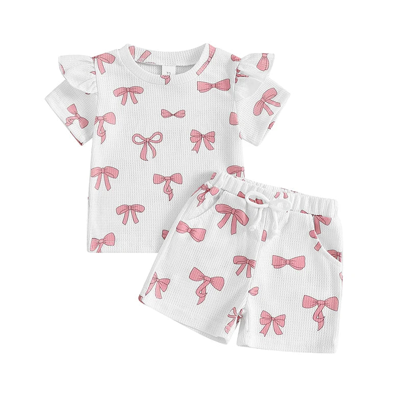 Toddler Girl Summer Clothes Bow Print Short Sleeve O-Neck T-Shirt with Elastic Waist Shorts Waffled Set
