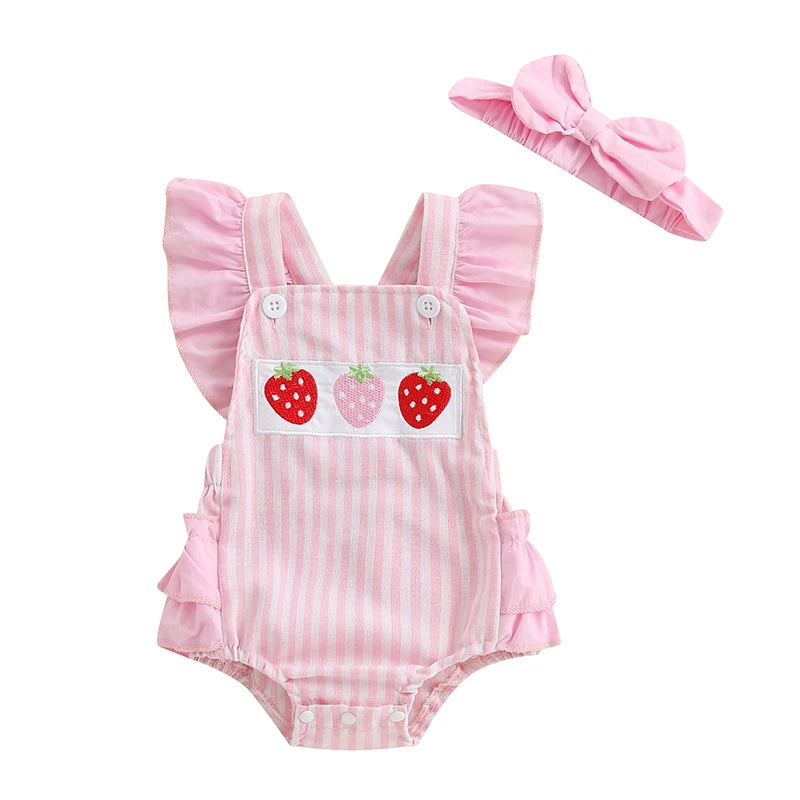 Newborn Girl Outfit Striped Embroidery Strawberry Fly Sleeve Romper with Bowknot Hairband