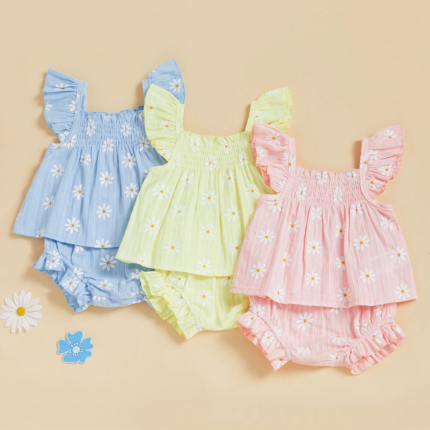Baby Girl Daisy Outfit Smocked Flying Sleeve Babydoll Tops Elastic Waist Ruffle Shorts Cute Summer Clothes 2Pcs Set