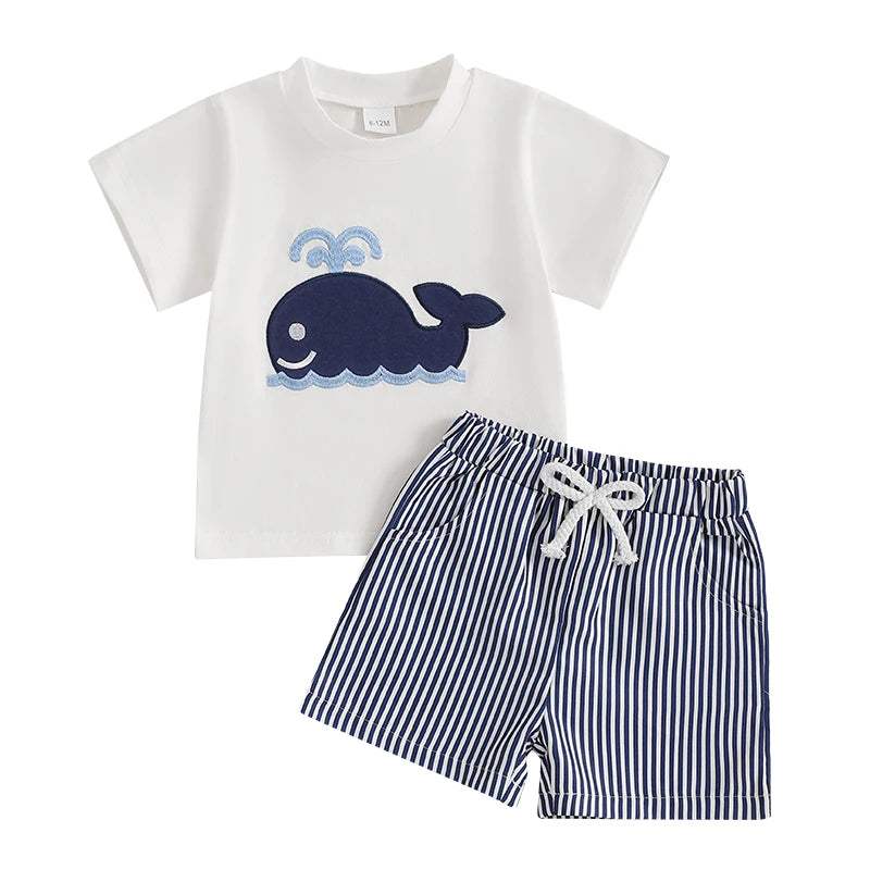 Toddler Baby Boy Shorts Set Whale/Dinosaur/Turtle Short Sleeve T-shirts Striped Elastic Waist Shorts Summer Outfit