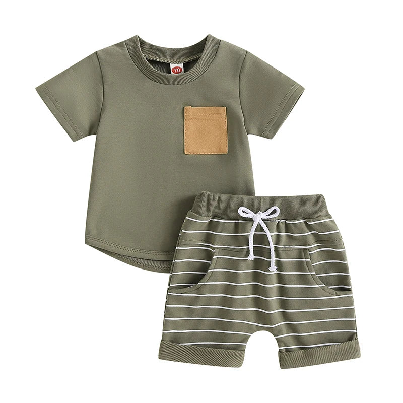 Baby Kids Boys 2Pcs Summer Set Short Sleeve Crew Neck T-shirt with Striped Shorts Outfit