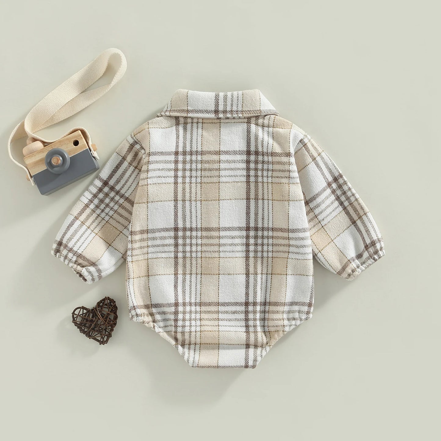 Baby Boy Button Up Long Sleeve Vintage Plaid Pattern Romper with Pockets