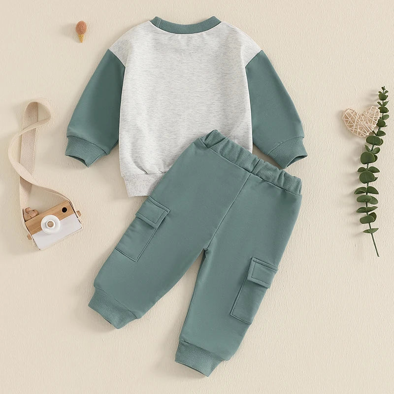 Toddler Baby Boy 2Pcs Outfit Long Sleeve Contrast Color Sweatshirt + Cargo Pants Set Clothes