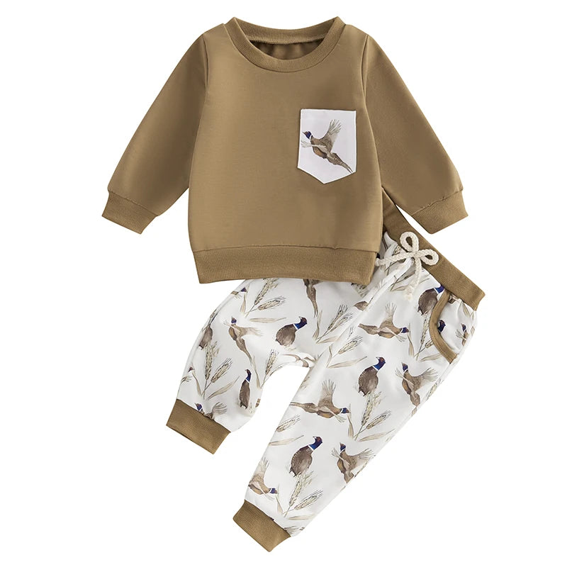 Baby Boy Girl Outfits Wild Goose Print Pullover Sweatshirt Elastic Waist Pants with Pockets Clothes Set
