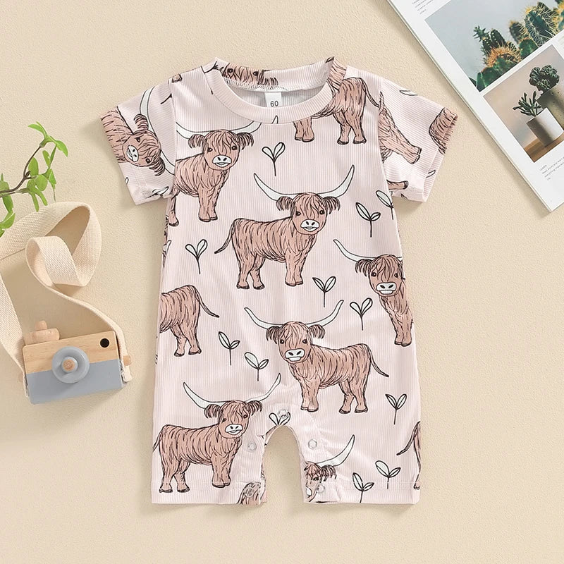 Baby Boys Western Short Sleeve Crew Neck Cow Head Print Casual Romper Jumpsuit