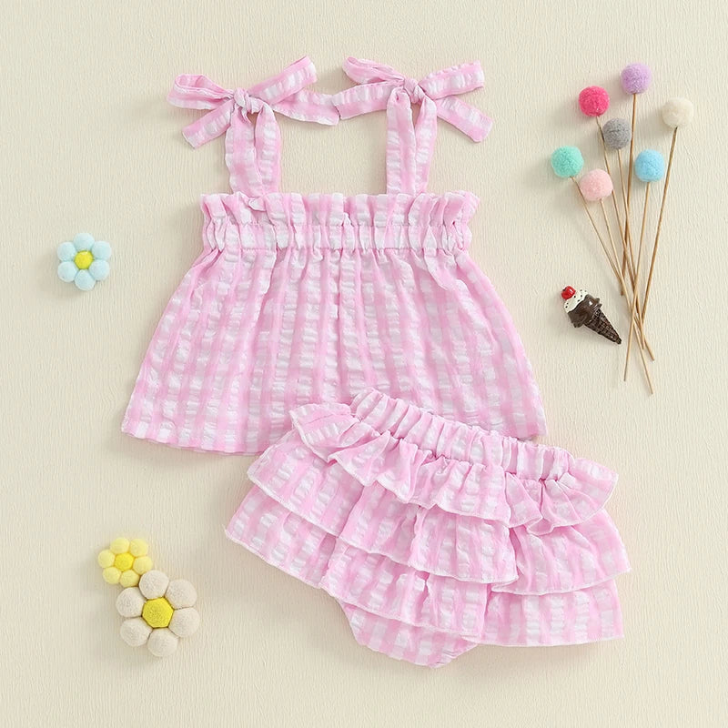 Baby Girl Summer Outfit Plaid Tie-Up Straps Sleeveless Tank Tops Elastic Waist Shorts 2Pcs Clothes Set