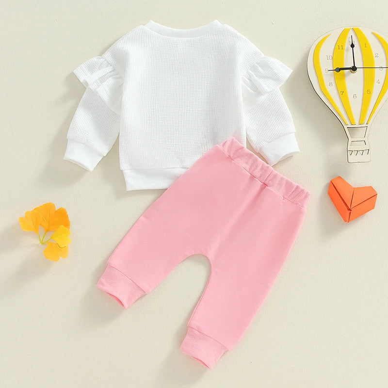 Toddler Girls Fall Outfits Heart Embroidery Ruffles Long Sleeve Sweatshirt and Elastic Sweatpants Set