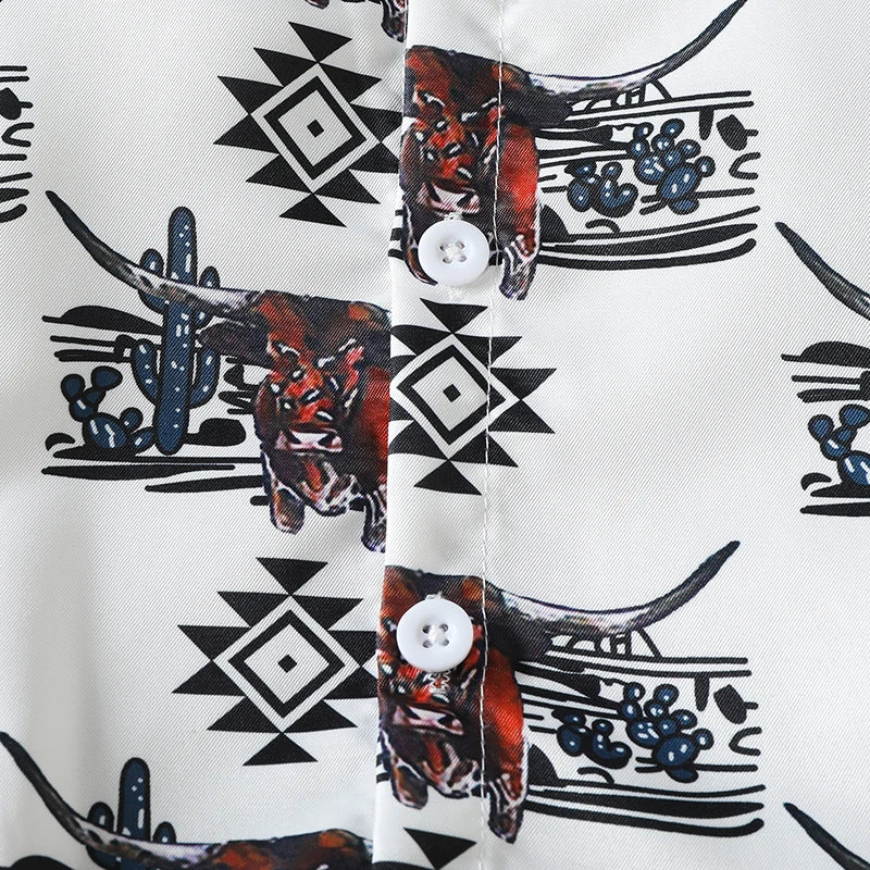 Baby Boys Long Sleeve Lapel Western Cattle/Horse Print Button Romper
