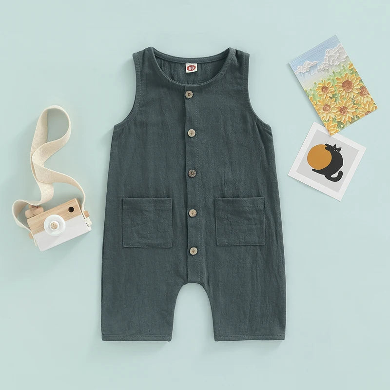 Infant Baby Boy's Girl's Jumpsuit Round Neck Sleeveless Button Down Romper