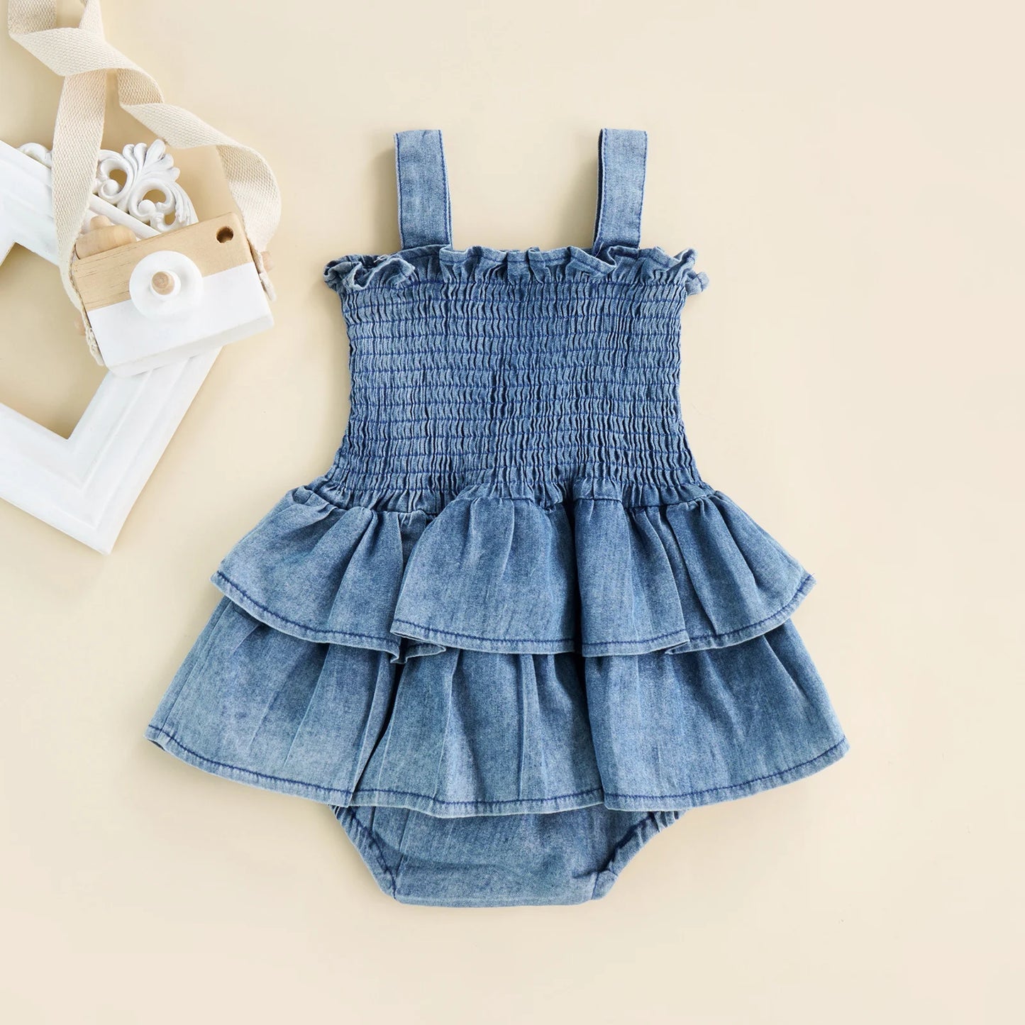 Infant Baby Girl Bodysuit Sleeveless Suspender Pleated Design Ruffle Hem Bottom Snap Button Jumpsuit