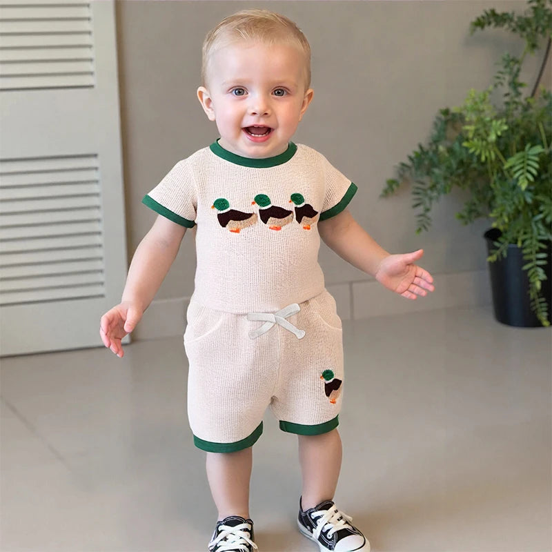Boys Summer Shorts Sets Short Sleeve O Neck Duck Embroidery Tops and Drawstring Shorts Sets