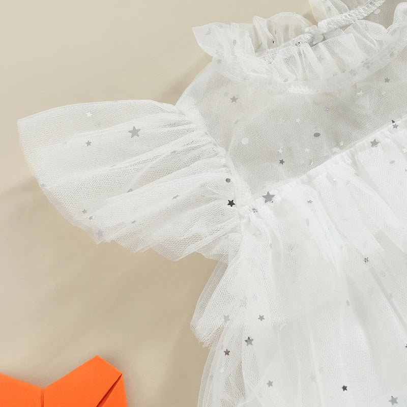 Toddler Kids Girls Dress Stars Moon Sequins Fly Sleeve Princess Dress Ruffles Tulle Dress