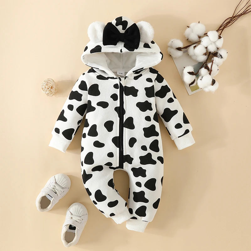 Newborn Baby Girls Boys Romper Fleece Footie Long Sleeve Hooded Zipped Heart Cow Pattern Jumpsuit