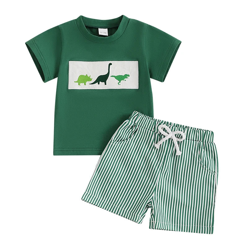 Toddler Baby Boy Shorts Set Whale/Dinosaur/Turtle Short Sleeve T-shirts Striped Elastic Waist Shorts Summer Outfit