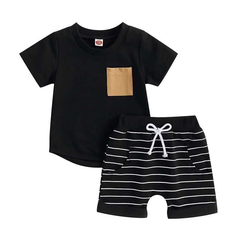 Baby Kids Boys 2Pcs Summer Set Short Sleeve Crew Neck T-shirt with Striped Shorts Outfit