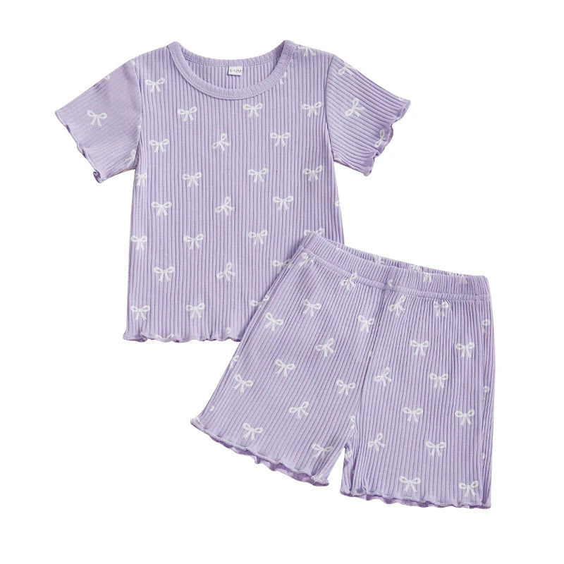 Toddler Baby Girl Bow Ribbed Outfit Lettuce Trim Short Sleeve Tops Elastic Waist Shorts Summer Set