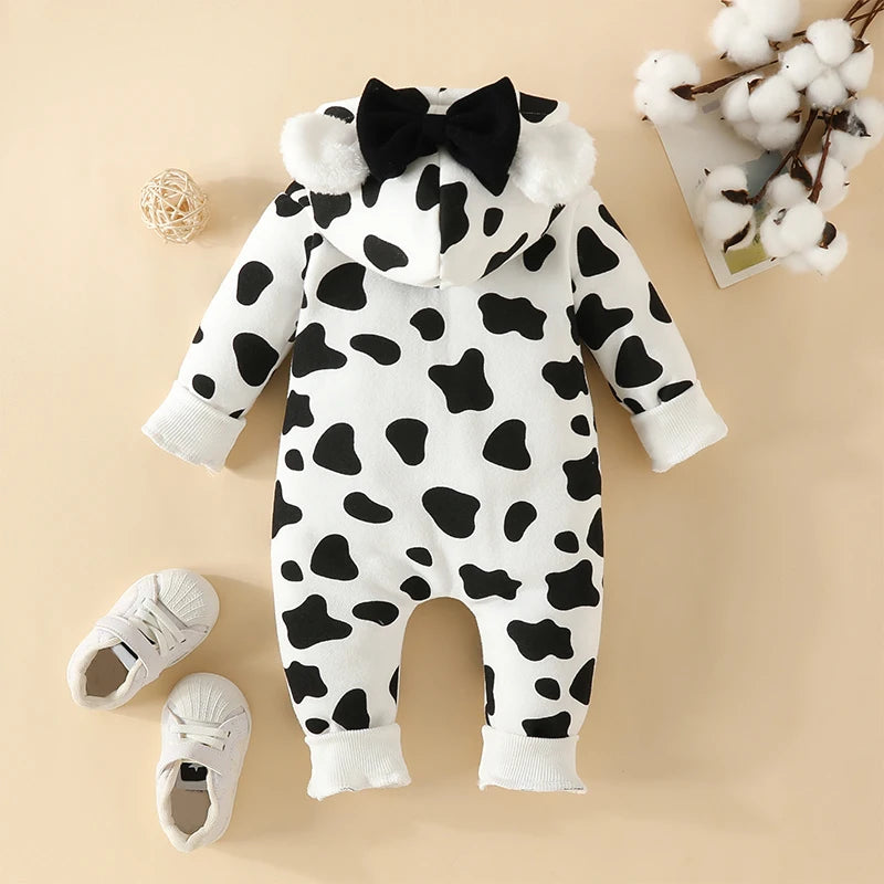 Newborn Baby Girls Boys Romper Fleece Footie Long Sleeve Hooded Zipped Heart Cow Pattern Jumpsuit