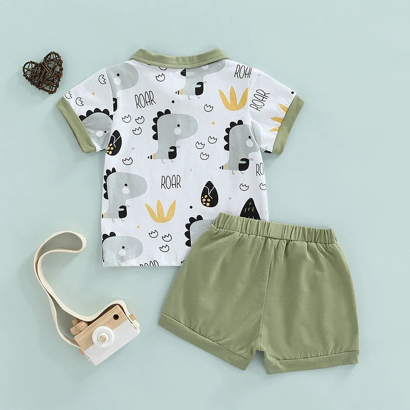 Summer Toddler Kids Boys Casual Suit Cartoon Printed Short Sleeve Tops+Short Pants Clothes Set