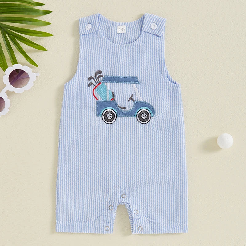 Baby Boys Jumpsuit, Sleeveless Crew Neck Striped Embroidery Golf Cart Summer Romper for Casual Daily