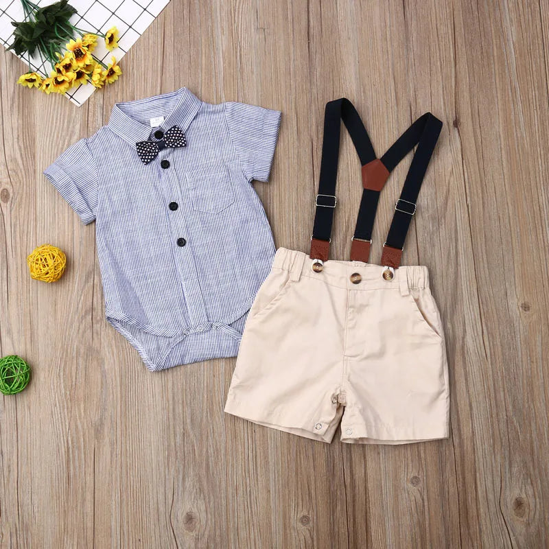 Newborn Boys Summer Clothes Stripe Short Sleeve Gentleman 2PCS Set Romper + Bib Pant Baby School Outfit Outfits