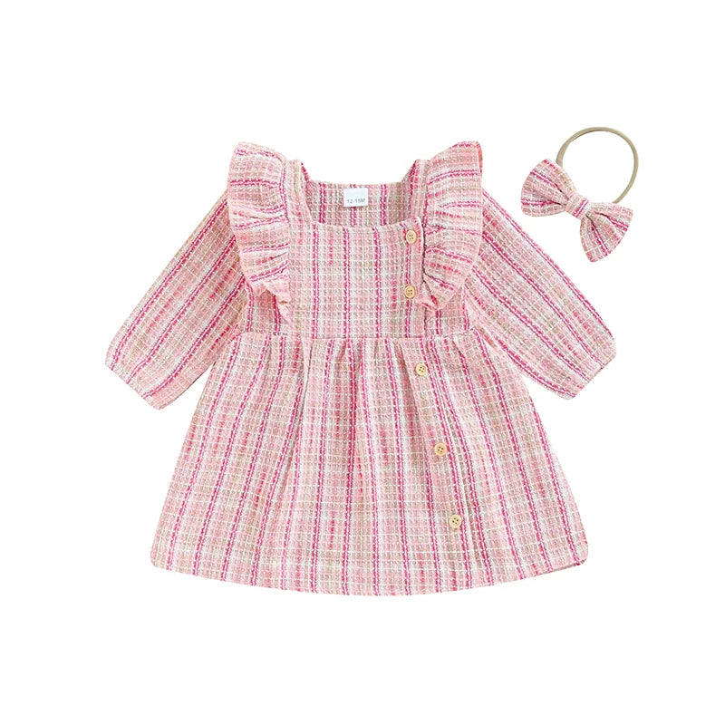 Toddler Girls Dress Square Neck Ruffles Buttons Long Sleeve Casual Fall Princess Dress with Headband