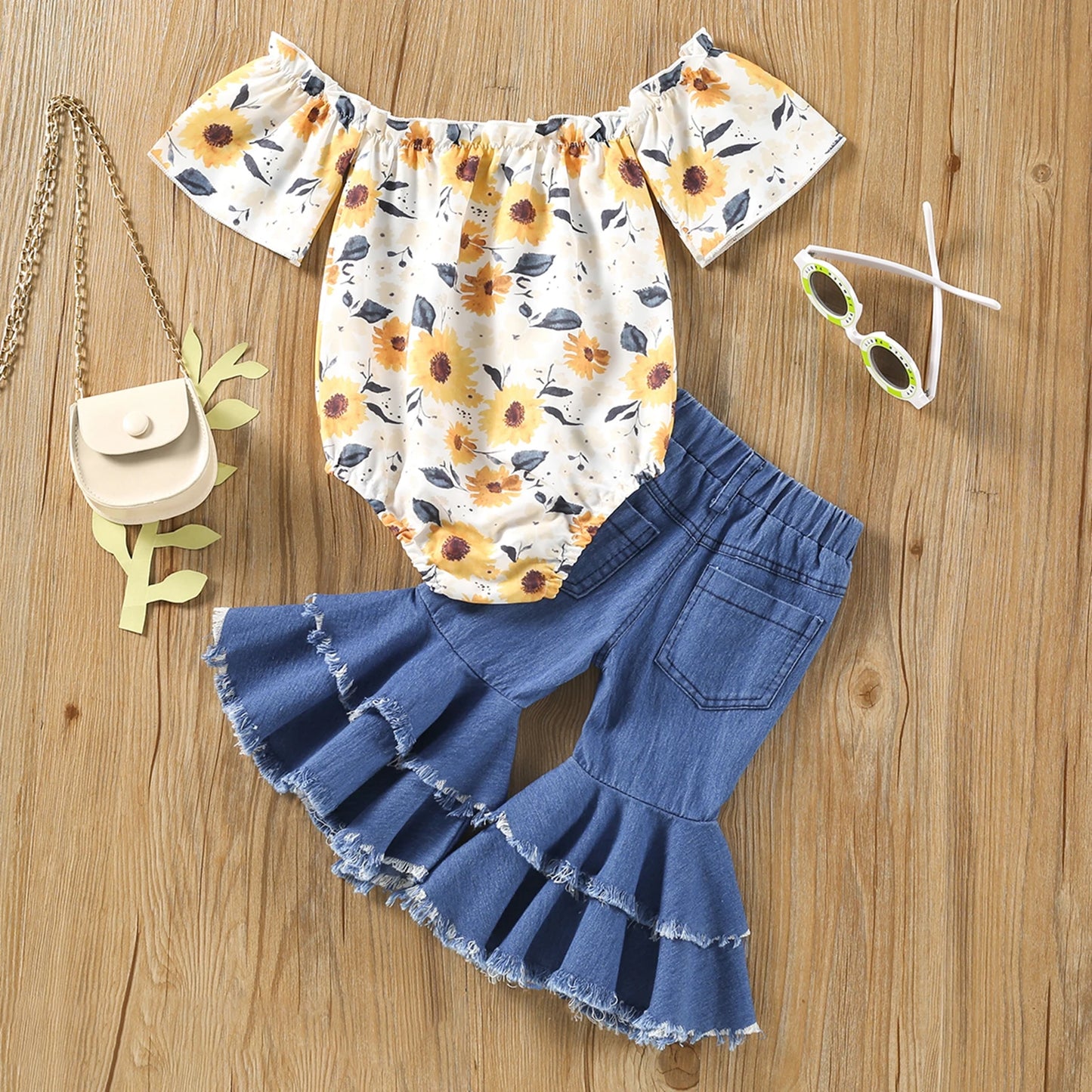 Newborn Baby Girl 2Pcs Summer Fashion Clothing Yellow Sunflower Bodysuit Denim Flared Pants