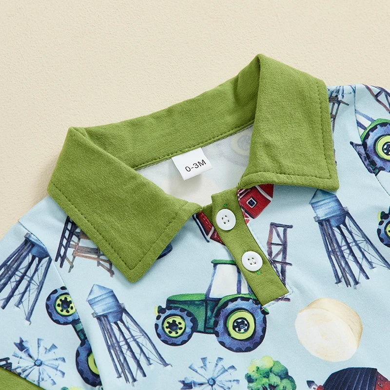 Baby Boys Summer Button Romper Short Sleeve Lapel Western Elements Print Jumpsuit