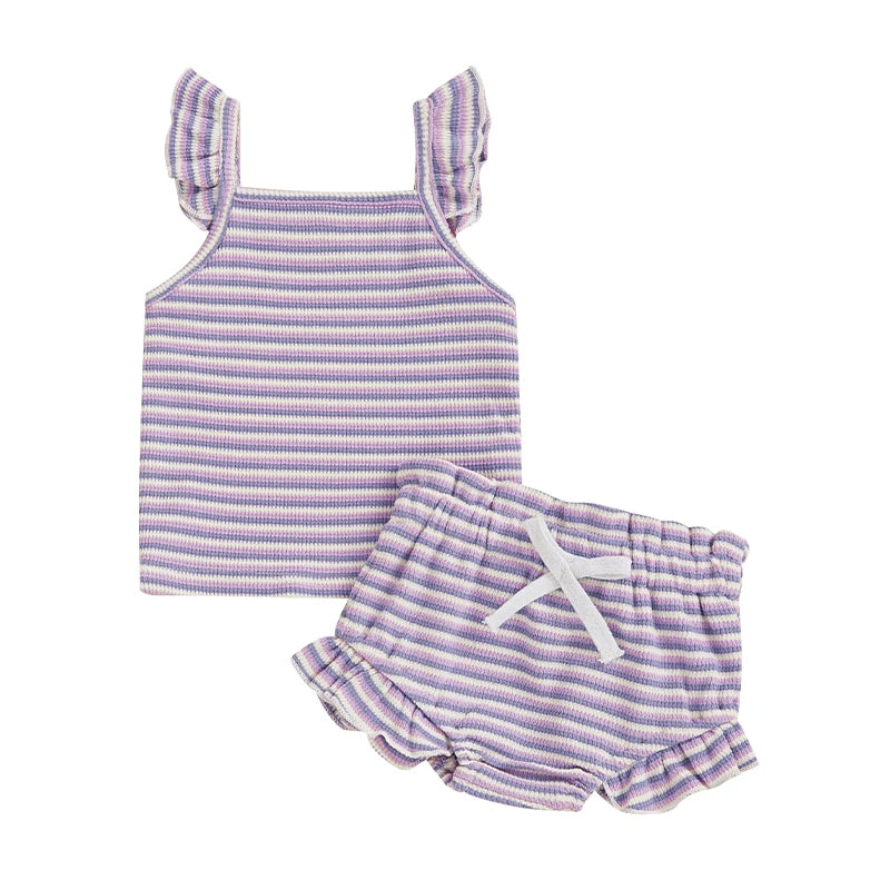 Toddler Baby Girl Striped Outfit Fly Sleeve Cami Tops Elastic Waist Ruffle Shorts Baby Girls Summer Outfit