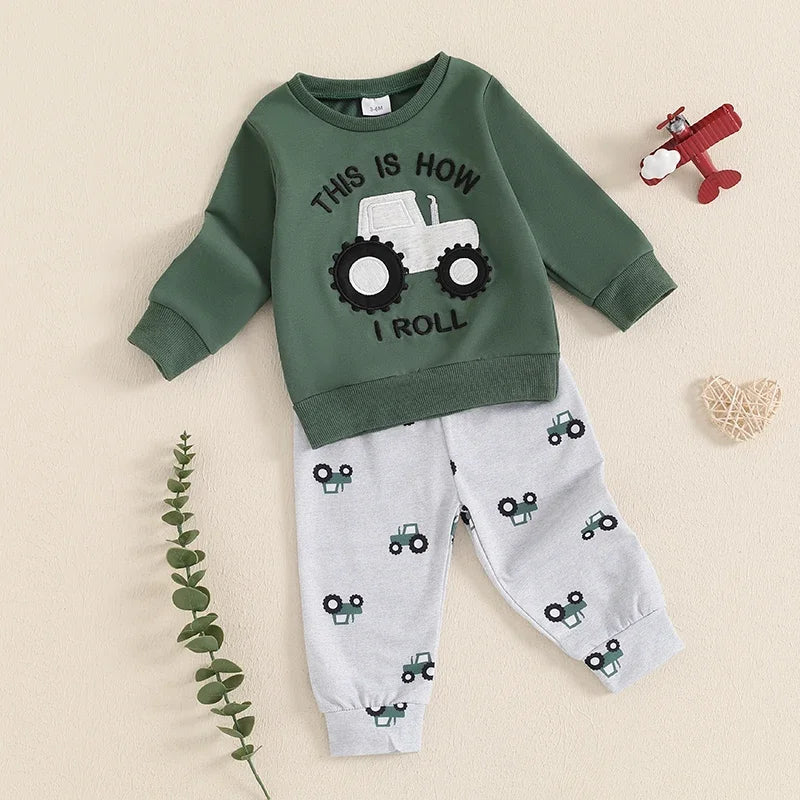 Baby Boys Pants Set Tractor Print Long Sleeve Sweatshirt with Elastic Waist Sweatpants Infant Clothes