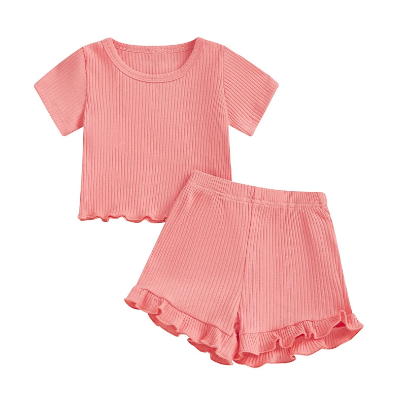 Toddler Baby Girl Ribbed Outfit Solid Color Short Sleeve T-shirts Elastic Waist Ruffle Shorts Set
