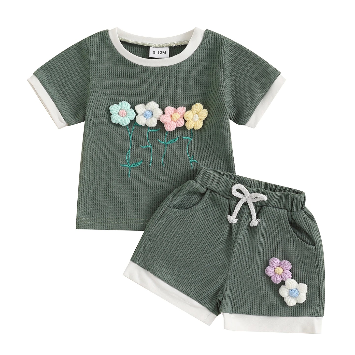 Toddler Girl Summer Waffled Clothes 3D Flower Short Sleeve Round Neck Tops Elastic Waist Shorts Outfit