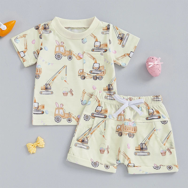 Toddler Boy Summer Outfits Excavator Print Round Neck Short Sleeve Tops with Elastic Waist Shorts Outfit