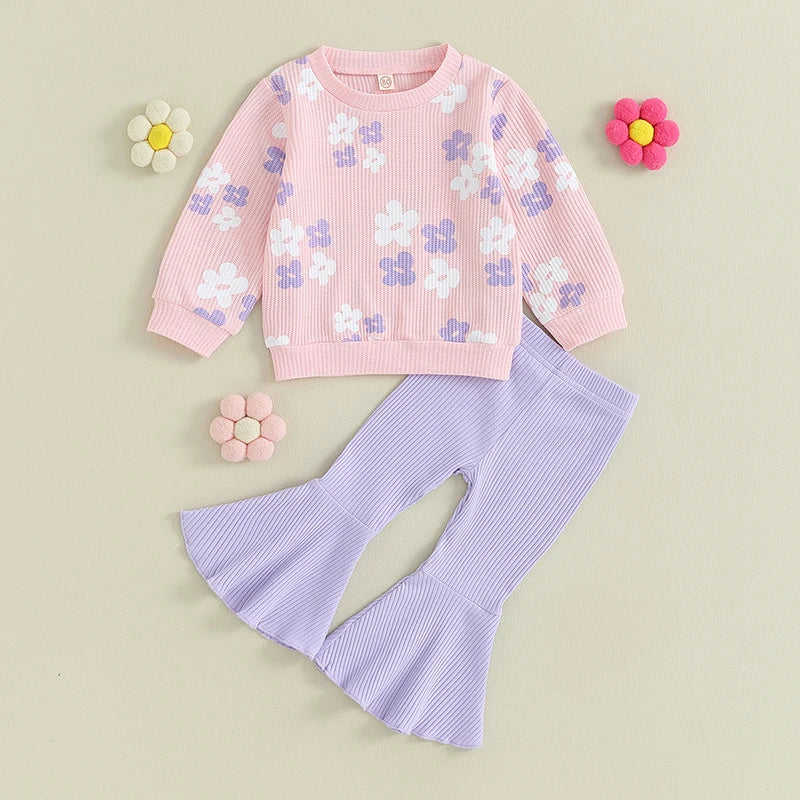 Baby Girl Fall Outfits Long Sleeve Floral Print Pullover Tops Flare Pants Set Toddler Spring Clothes