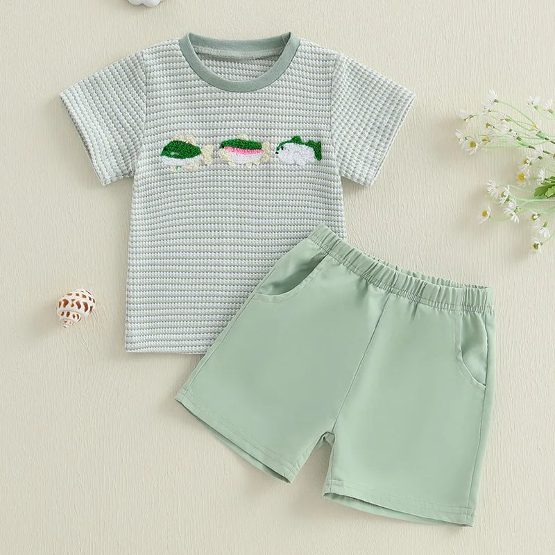 Toddler Baby Boy Shorts Set Fish/Duck Embroidery Short Sleeve T-shirt Solid/Plaid Shorts 2 Piece Summer Set