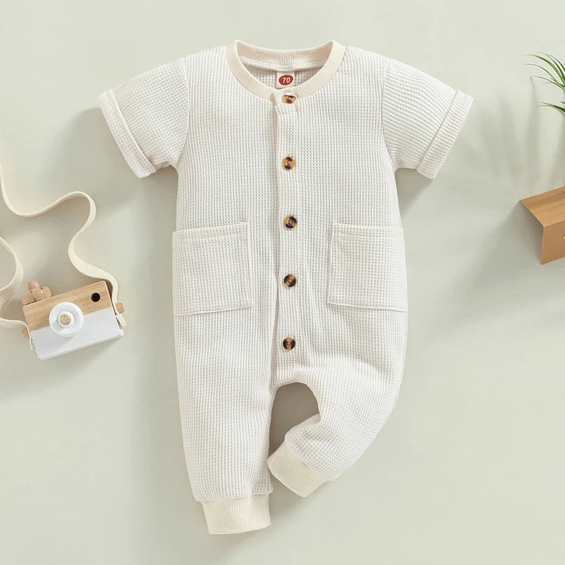 Baby Boys Jumpsuit Solid Color Short Sleeve O Neck Button Down Romper with Pockets