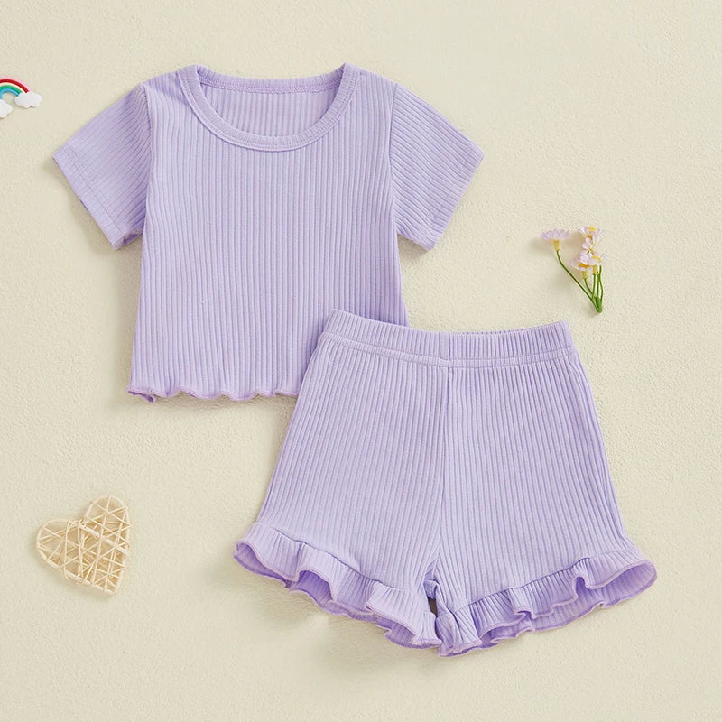 Toddler Baby Girl Ribbed Outfit Solid Color Short Sleeve T-shirts Elastic Waist Ruffle Shorts Set