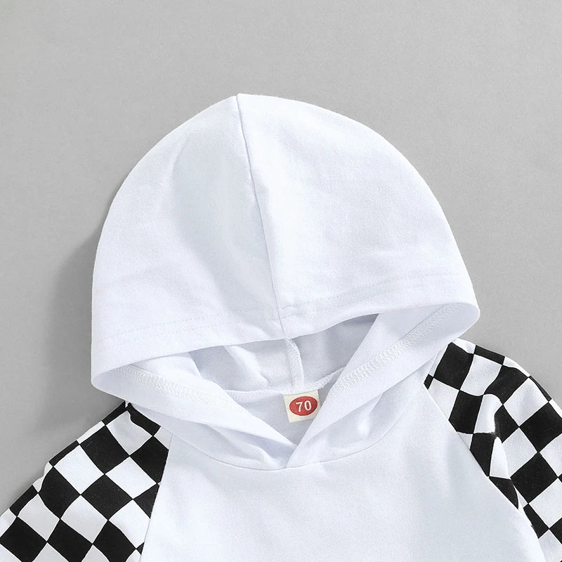 Girl Boy Outfit 2Pcs Set Plaid Long Sleeve Hoodie with Pockets Elastic Drawstring Waist Pants