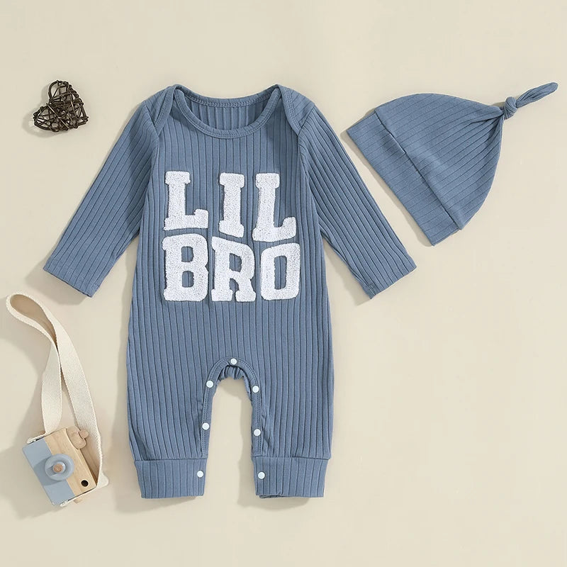 Baby Boy Jumpsuit and Hat Set Long Sleeve Round Neck "Lil Bro" Letter Print Ribbed Romper with Cap Outfit