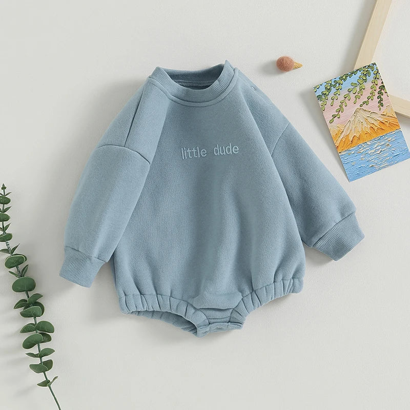 Baby Boys Sweatshirt Bodysuit Long Sleeve Round Neck Letter Embroidery "Little Dude" Bodysuit